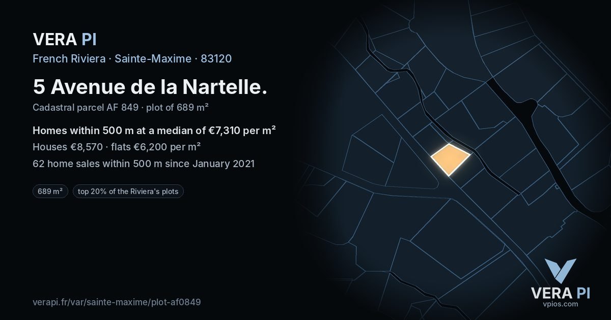 5 Avenue de la Nartelle, Sainte-Maxime at night – the plot lit, the parcels around coloured by the prices near them