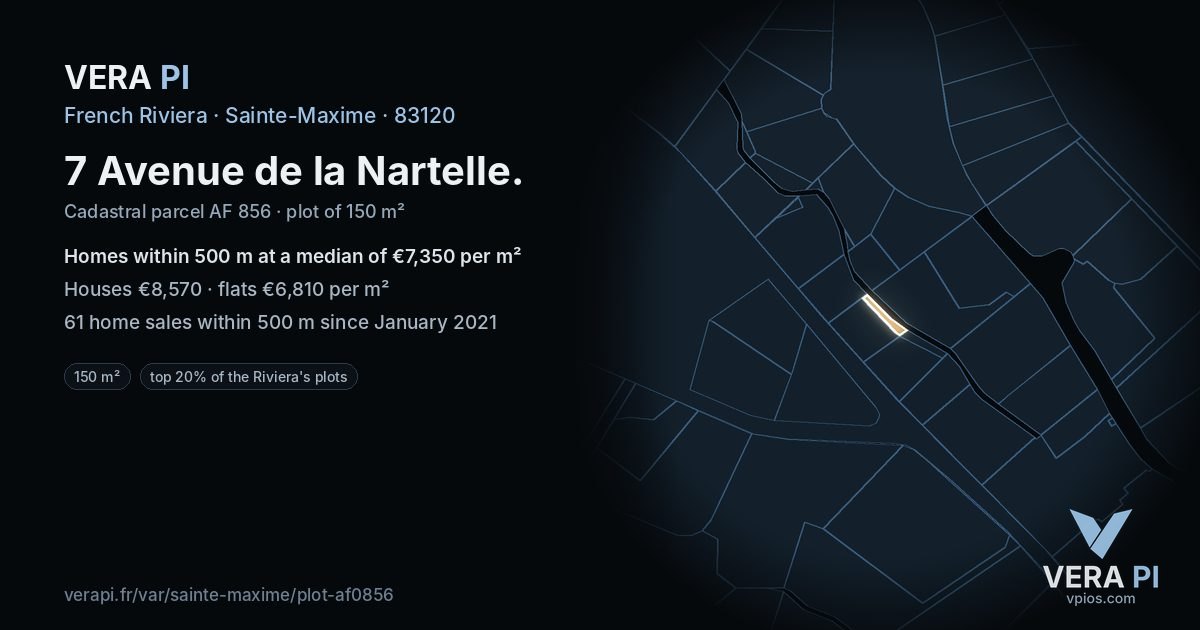 7 Avenue de la Nartelle, Sainte-Maxime at night – the plot lit, the parcels around coloured by the prices near them