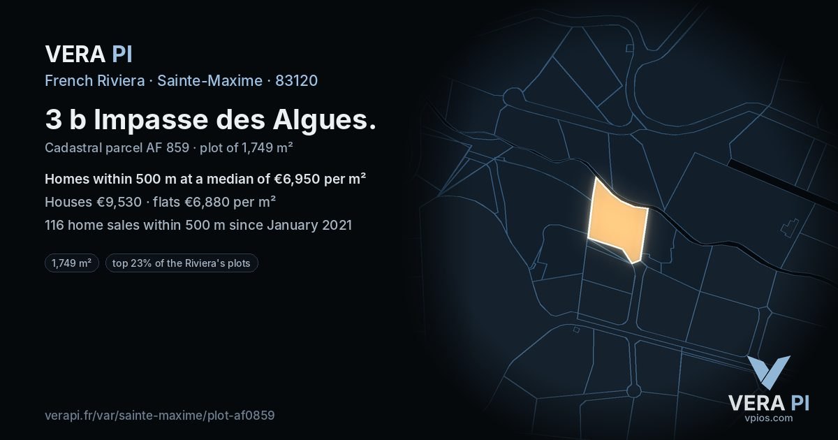 3 b Impasse des Algues, Sainte-Maxime at night – the plot lit, the parcels around coloured by the prices near them
