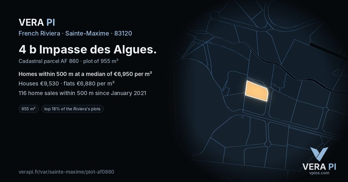 4 b Impasse des Algues, Sainte-Maxime at night – the plot lit, the parcels around coloured by the prices near them