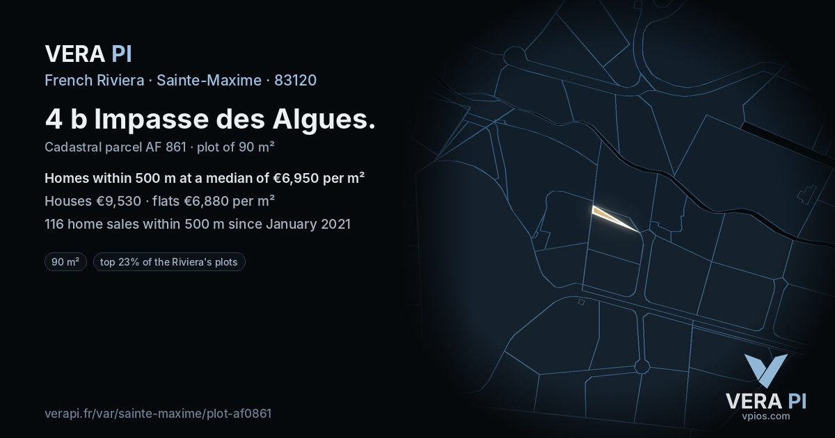 4 b Impasse des Algues, Sainte-Maxime at night – the plot lit, the parcels around coloured by the prices near them