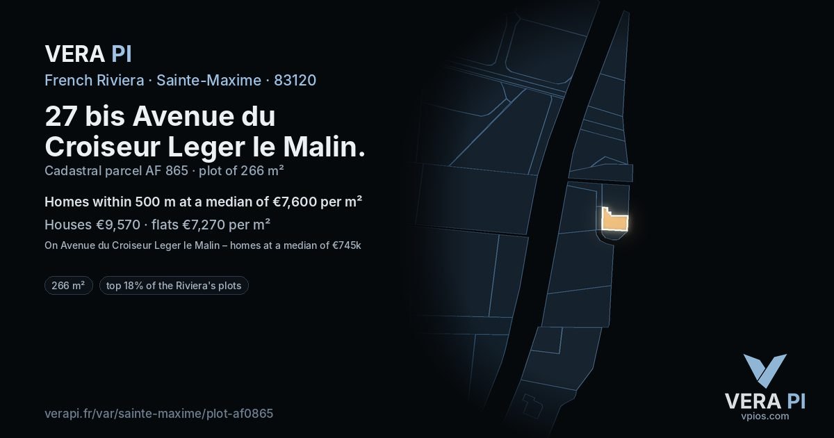 27 bis Avenue du Croiseur Leger le Malin, Sainte-Maxime at night – the plot lit, the parcels around coloured by the prices near them