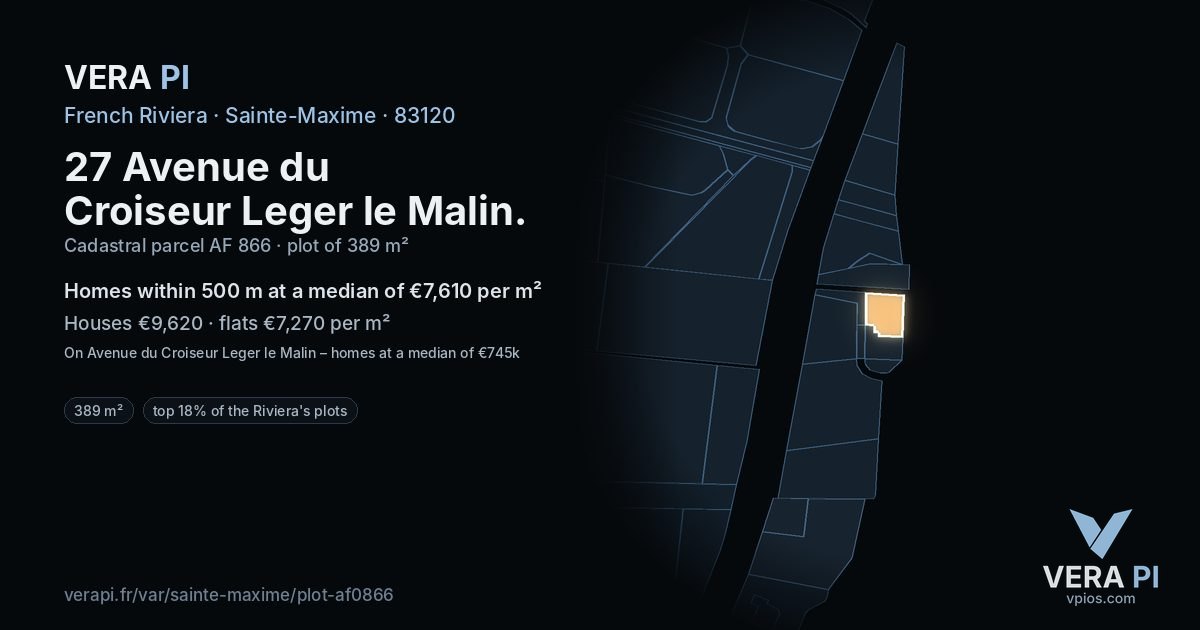 27 Avenue du Croiseur Leger le Malin, Sainte-Maxime at night – the plot lit, the parcels around coloured by the prices near them