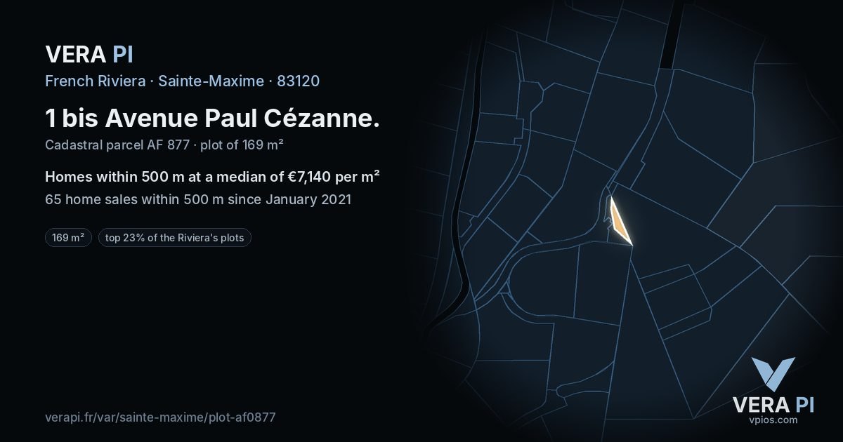 1 bis Avenue Paul Cézanne, Sainte-Maxime at night – the plot lit, the parcels around coloured by the prices near them