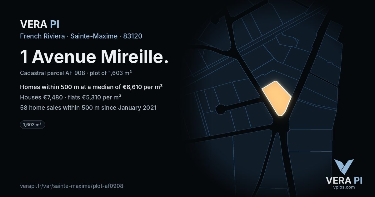 1 Avenue Mireille, Sainte-Maxime at night – the plot lit, the parcels around coloured by the prices near them