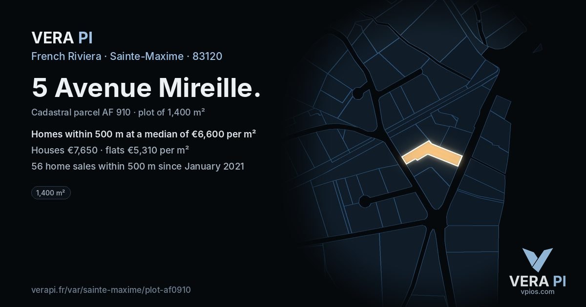 5 Avenue Mireille, Sainte-Maxime at night – the plot lit, the parcels around coloured by the prices near them