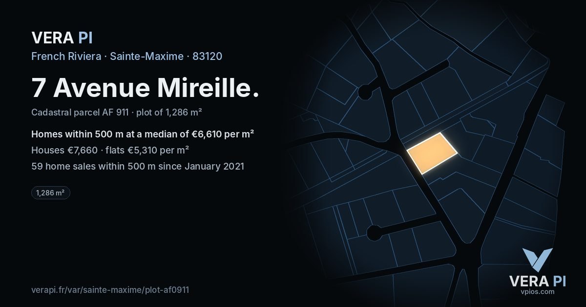 7 Avenue Mireille, Sainte-Maxime at night – the plot lit, the parcels around coloured by the prices near them