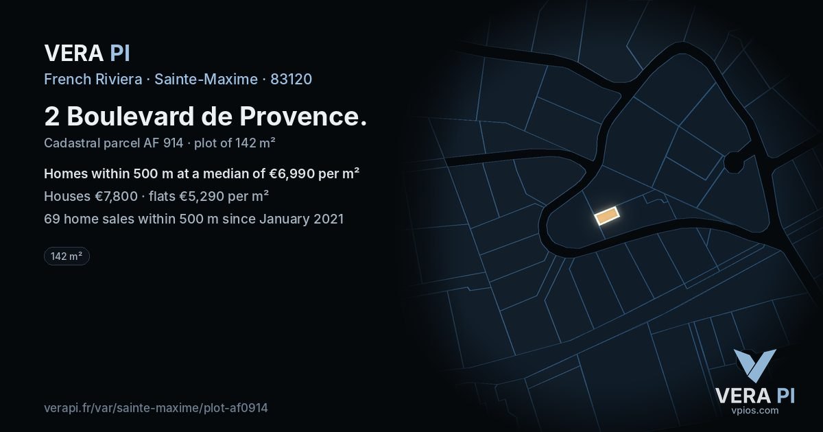 2 Boulevard de Provence, Sainte-Maxime at night – the plot lit, the parcels around coloured by the prices near them