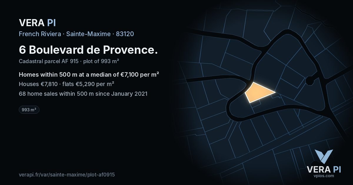 6 Boulevard de Provence, Sainte-Maxime at night – the plot lit, the parcels around coloured by the prices near them