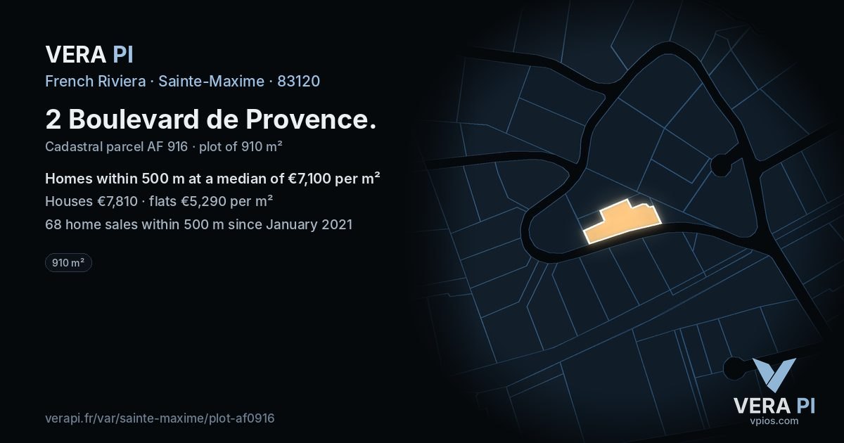 2 Boulevard de Provence, Sainte-Maxime at night – the plot lit, the parcels around coloured by the prices near them