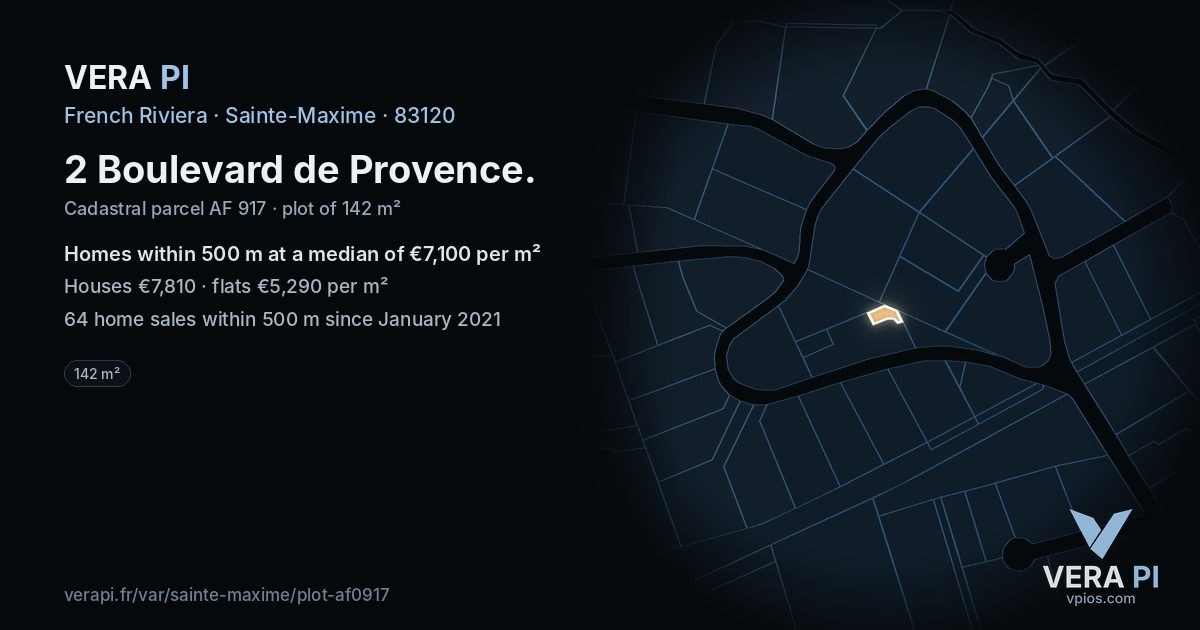 2 Boulevard de Provence, Sainte-Maxime at night – the plot lit, the parcels around coloured by the prices near them