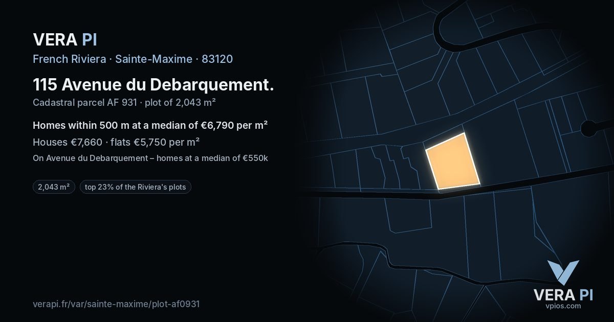 115 Avenue du Debarquement, Sainte-Maxime at night – the plot lit, the parcels around coloured by the prices near them
