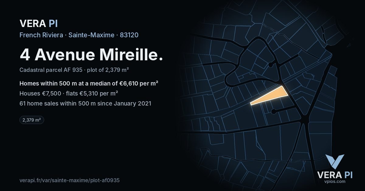 4 Avenue Mireille, Sainte-Maxime at night – the plot lit, the parcels around coloured by the prices near them