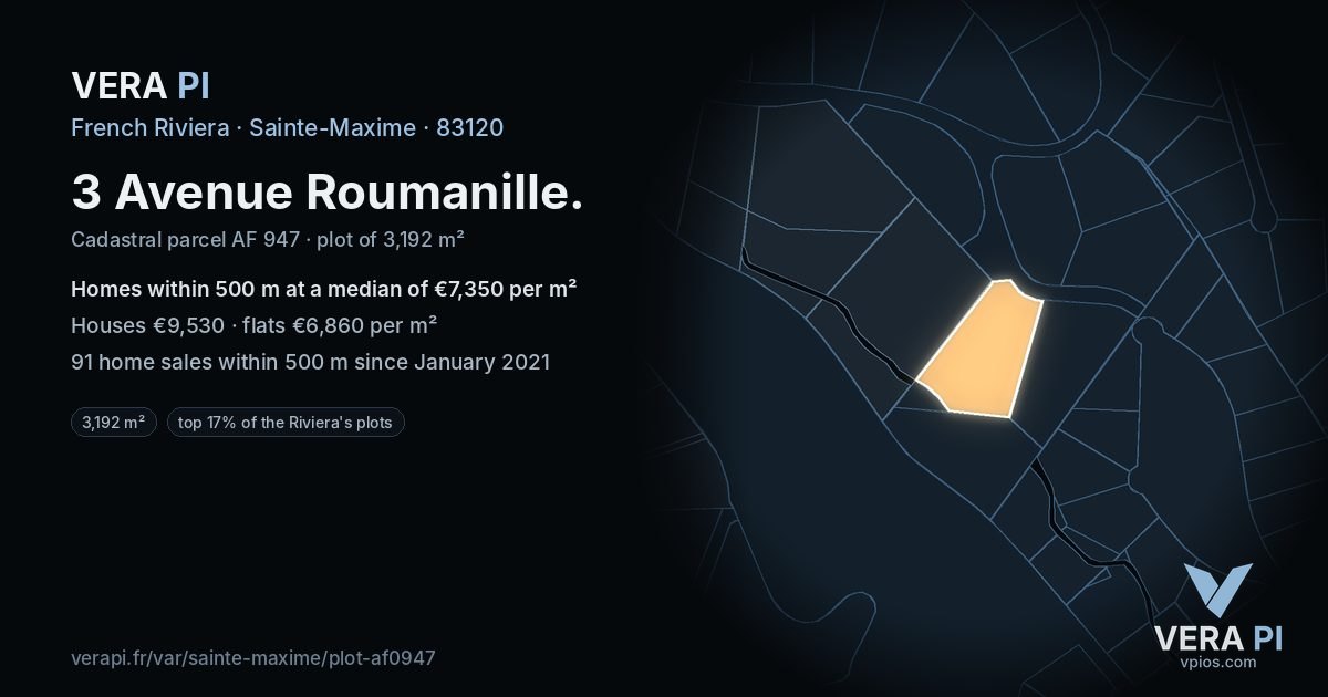 3 Avenue Roumanille, Sainte-Maxime at night – the plot lit, the parcels around coloured by the prices near them