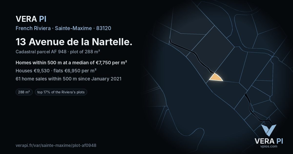 13 Avenue de la Nartelle, Sainte-Maxime at night – the plot lit, the parcels around coloured by the prices near them