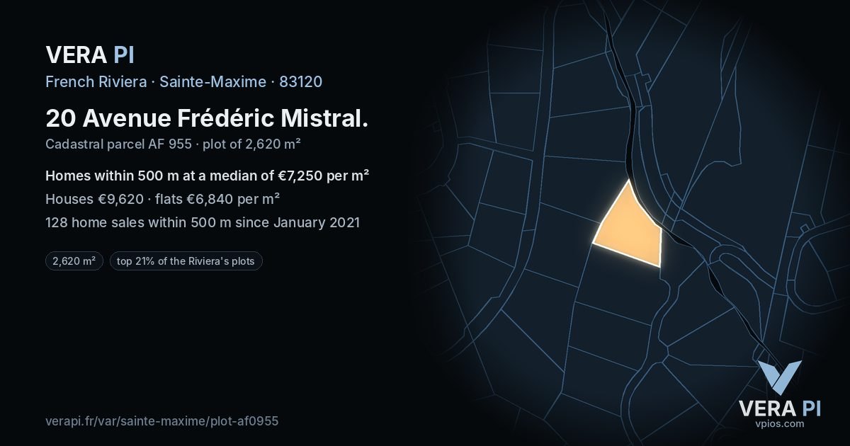 20 Avenue Frédéric Mistral, Sainte-Maxime at night – the plot lit, the parcels around coloured by the prices near them