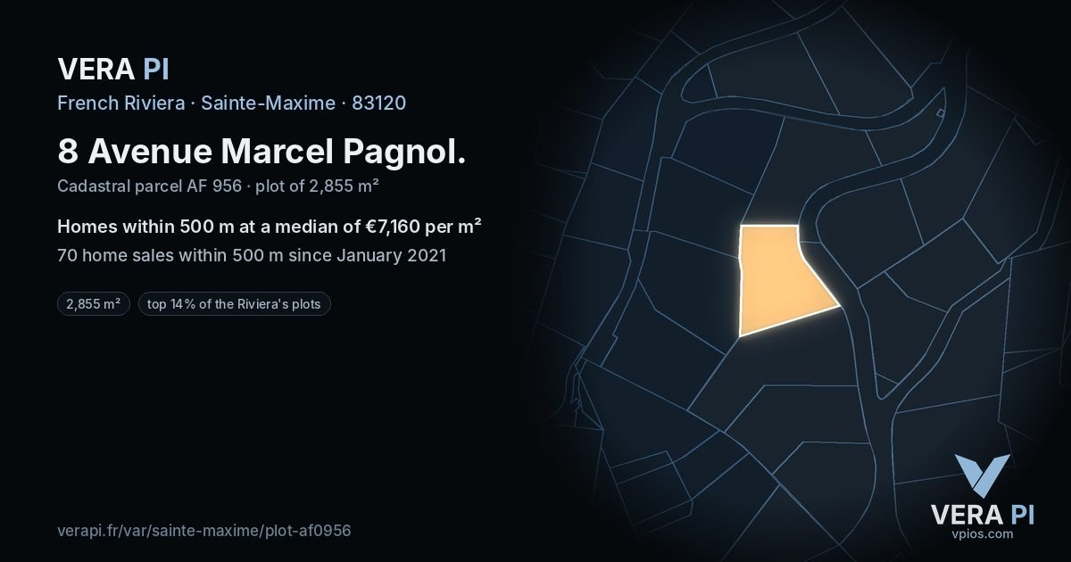 8 Avenue Marcel Pagnol, Sainte-Maxime at night – the plot lit, the parcels around coloured by the prices near them