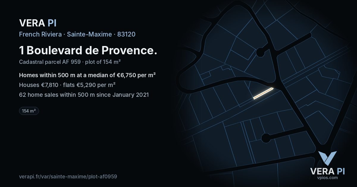 1 Boulevard de Provence, Sainte-Maxime at night – the plot lit, the parcels around coloured by the prices near them