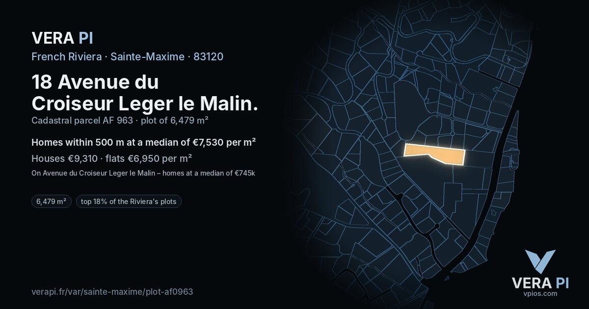 18 Avenue du Croiseur Leger le Malin, Sainte-Maxime at night – the plot lit, the parcels around coloured by the prices near them