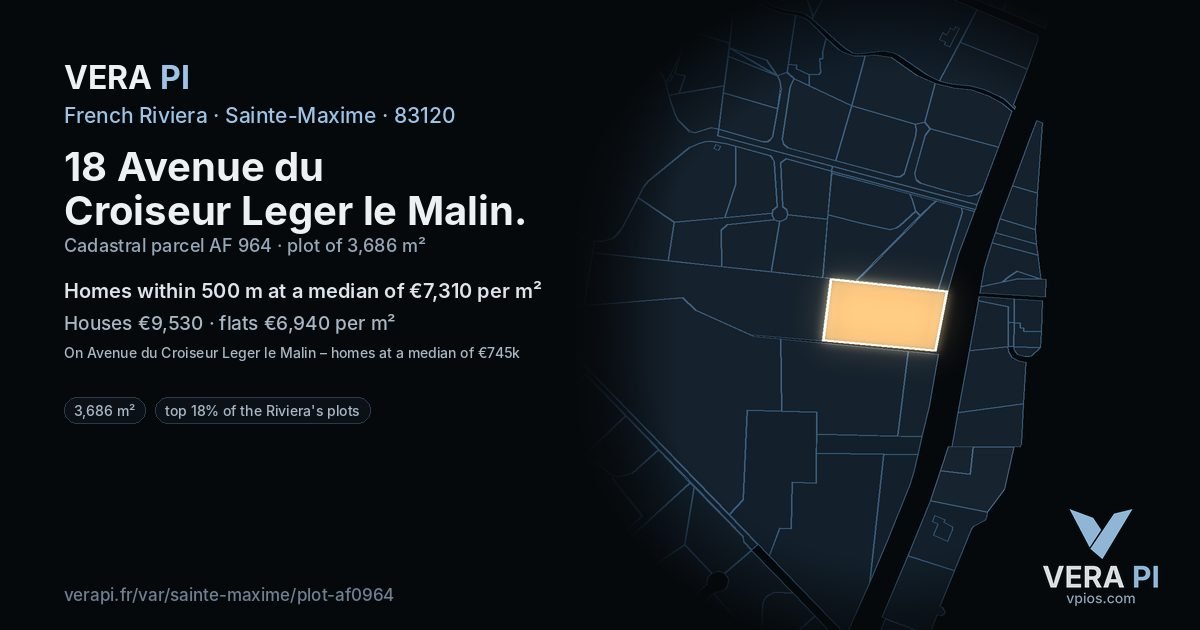 18 Avenue du Croiseur Leger le Malin, Sainte-Maxime at night – the plot lit, the parcels around coloured by the prices near them