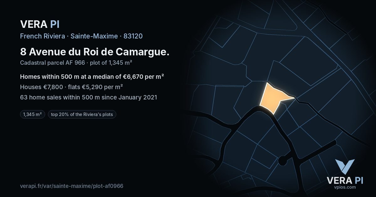 8 Avenue du Roi de Camargue, Sainte-Maxime at night – the plot lit, the parcels around coloured by the prices near them