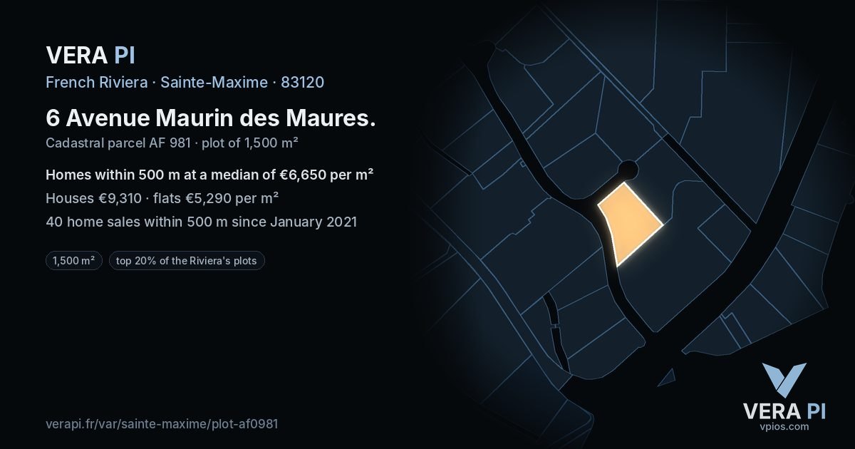 6 Avenue Maurin des Maures, Sainte-Maxime at night – the plot lit, the parcels around coloured by the prices near them