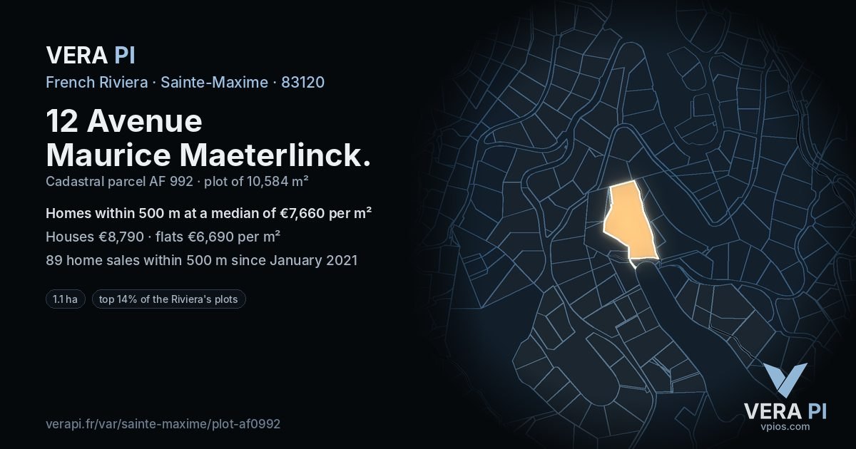 12 Avenue Maurice Maeterlinck, Sainte-Maxime at night – the plot lit, the parcels around coloured by the prices near them