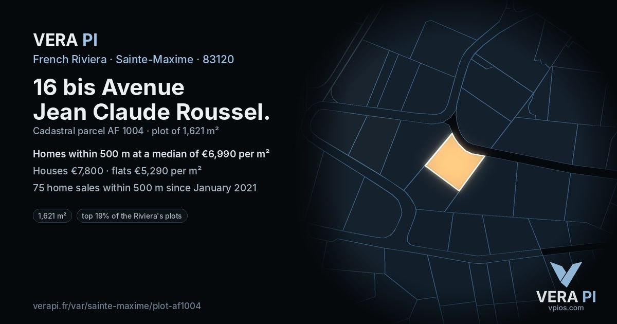 16 bis Avenue Jean Claude Roussel, Sainte-Maxime at night – the plot lit, the parcels around coloured by the prices near them