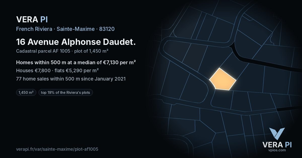 16 Avenue Alphonse Daudet, Sainte-Maxime at night – the plot lit, the parcels around coloured by the prices near them