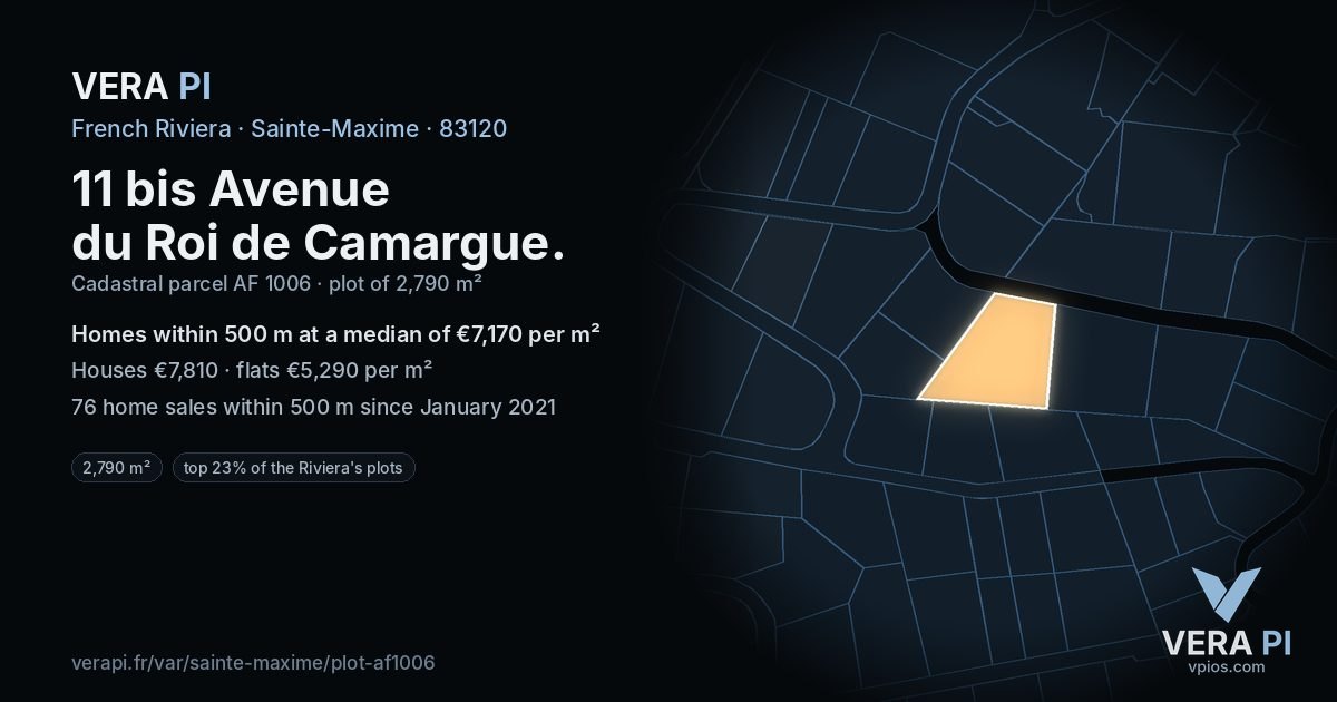11 bis Avenue du Roi de Camargue, Sainte-Maxime at night – the plot lit, the parcels around coloured by the prices near them