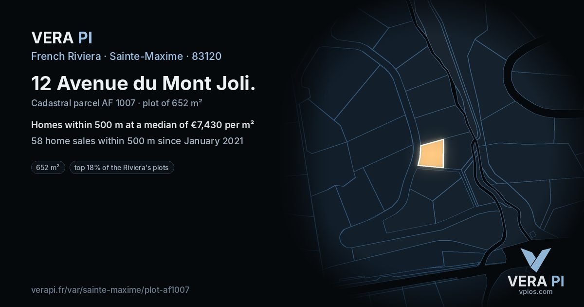 12 Avenue du Mont Joli, Sainte-Maxime at night – the plot lit, the parcels around coloured by the prices near them
