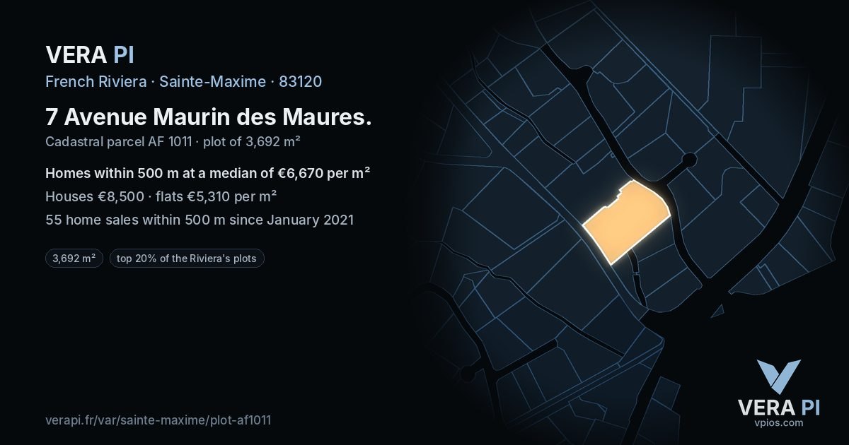 7 Avenue Maurin des Maures, Sainte-Maxime at night – the plot lit, the parcels around coloured by the prices near them