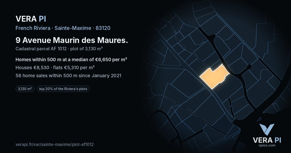 9 Avenue Maurin des Maures, Sainte-Maxime at night – the plot lit, the parcels around coloured by the prices near them