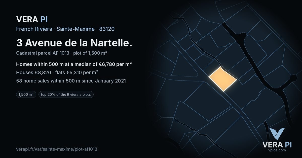 3 Avenue de la Nartelle, Sainte-Maxime at night – the plot lit, the parcels around coloured by the prices near them