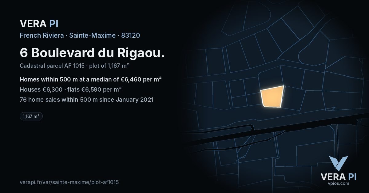 6 Boulevard du Rigaou, Sainte-Maxime at night – the plot lit, the parcels around coloured by the prices near them