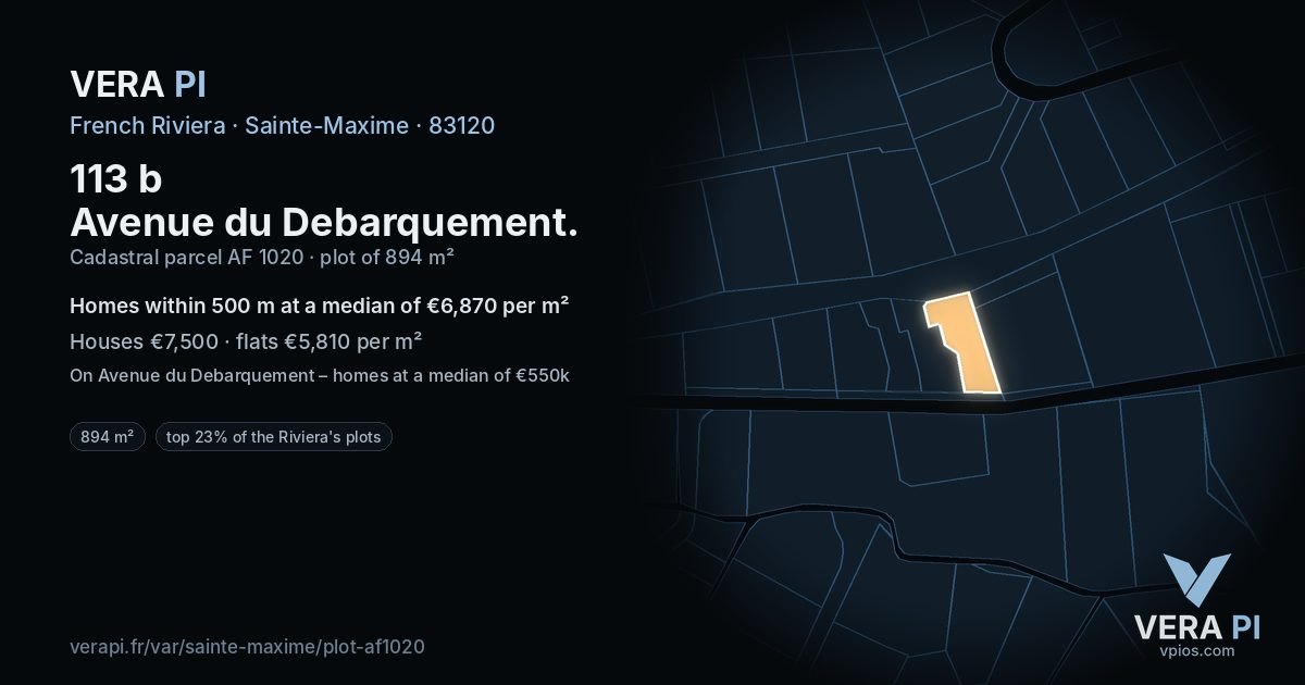 113 b Avenue du Debarquement, Sainte-Maxime at night – the plot lit, the parcels around coloured by the prices near them