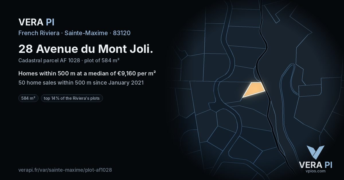 28 Avenue du Mont Joli, Sainte-Maxime at night – the plot lit, the parcels around coloured by the prices near them
