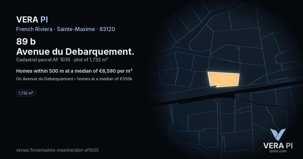 89 b Avenue du Debarquement, Sainte-Maxime at night – the plot lit, the parcels around coloured by the prices near them
