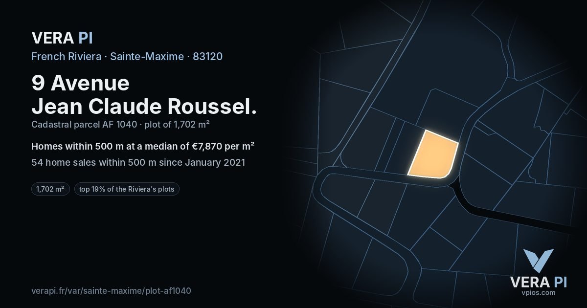 9 Avenue Jean Claude Roussel, Sainte-Maxime at night – the plot lit, the parcels around coloured by the prices near them