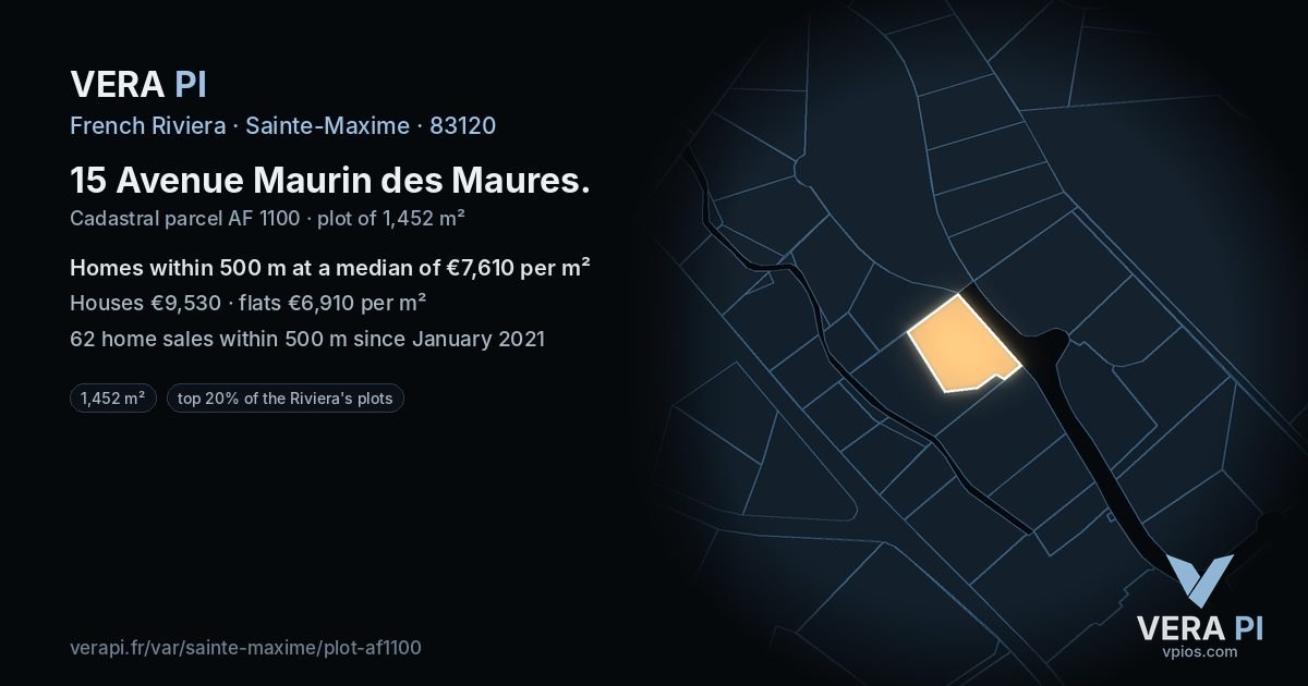 15 Avenue Maurin des Maures, Sainte-Maxime at night – the plot lit, the parcels around coloured by the prices near them