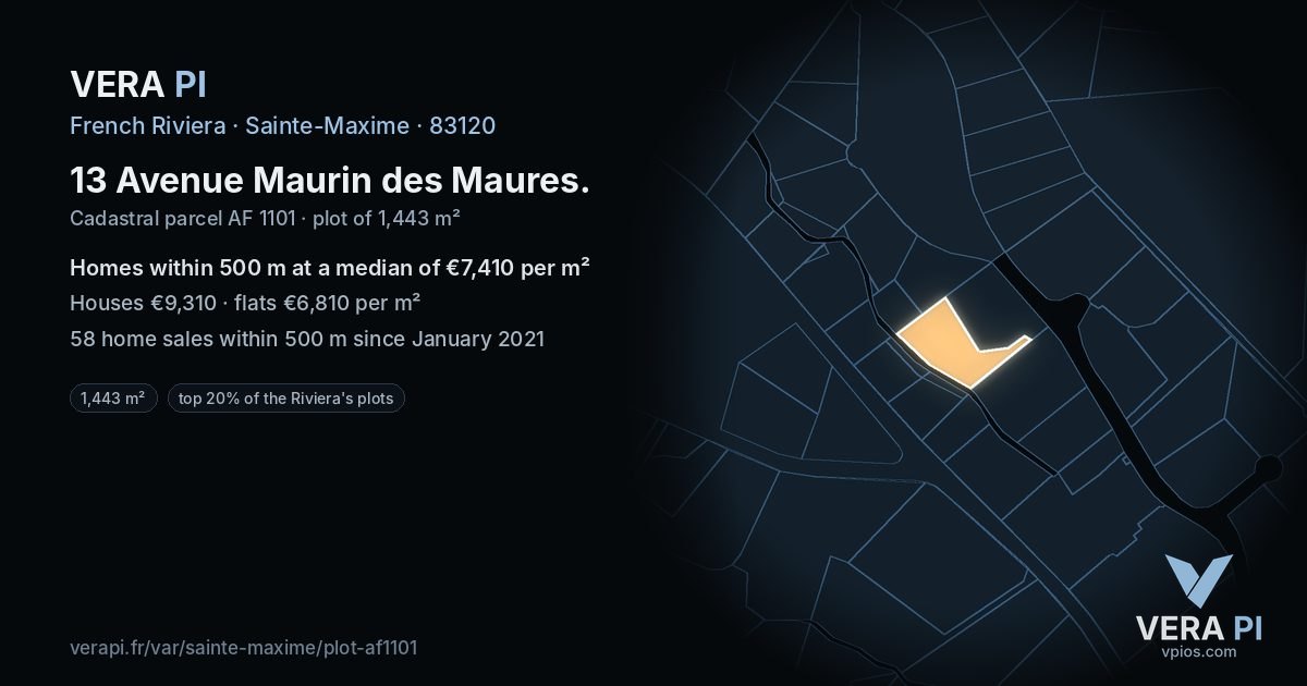 13 Avenue Maurin des Maures, Sainte-Maxime at night – the plot lit, the parcels around coloured by the prices near them