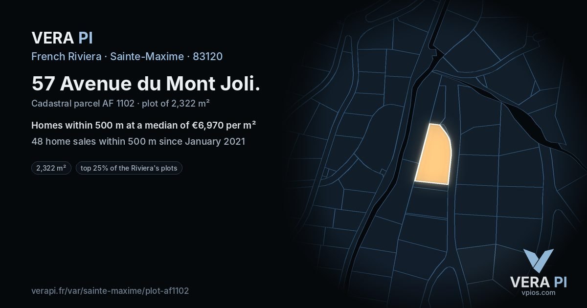 57 Avenue du Mont Joli, Sainte-Maxime at night – the plot lit, the parcels around coloured by the prices near them