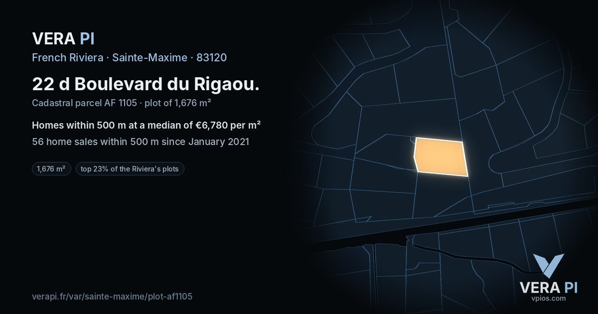 22 d Boulevard du Rigaou, Sainte-Maxime at night – the plot lit, the parcels around coloured by the prices near them