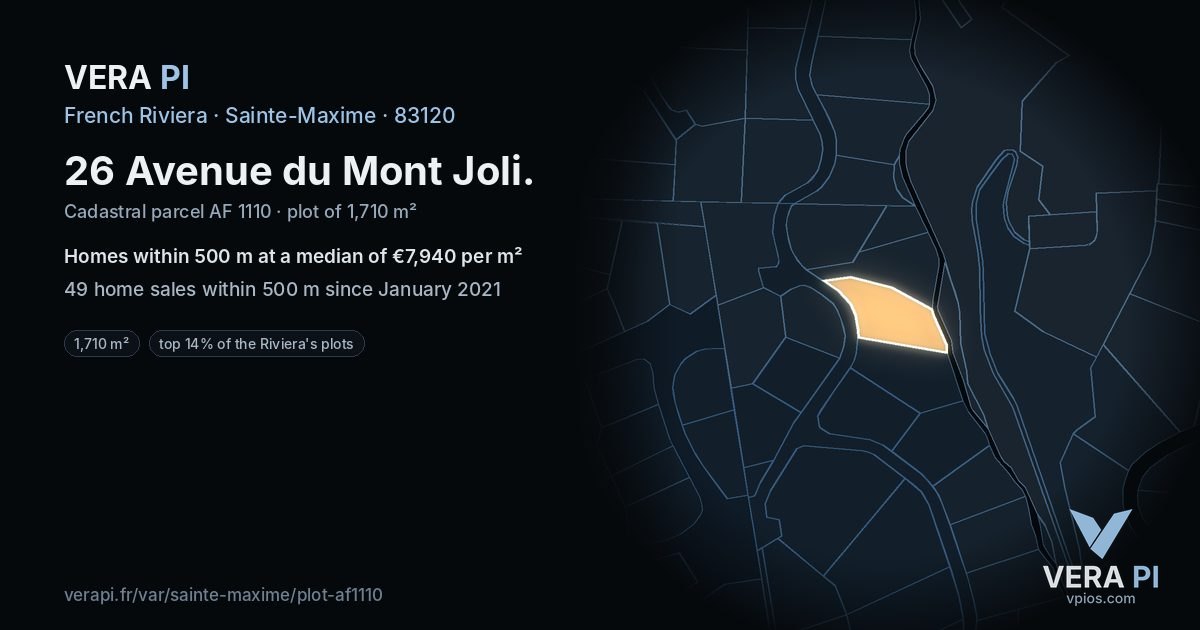 26 Avenue du Mont Joli, Sainte-Maxime at night – the plot lit, the parcels around coloured by the prices near them