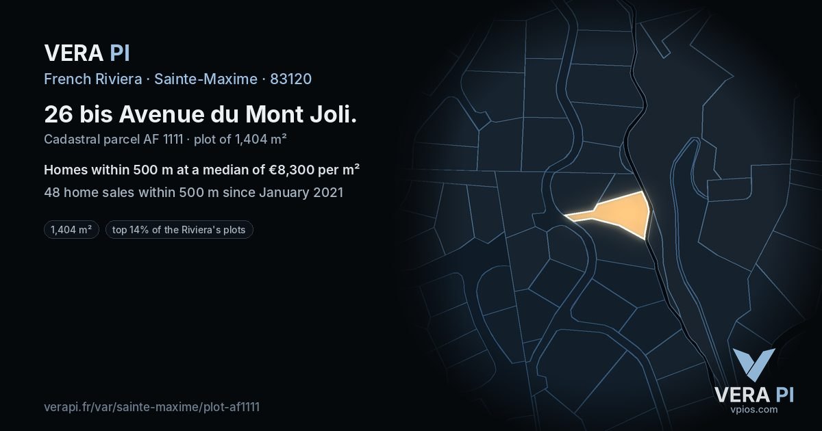 26 bis Avenue du Mont Joli, Sainte-Maxime at night – the plot lit, the parcels around coloured by the prices near them