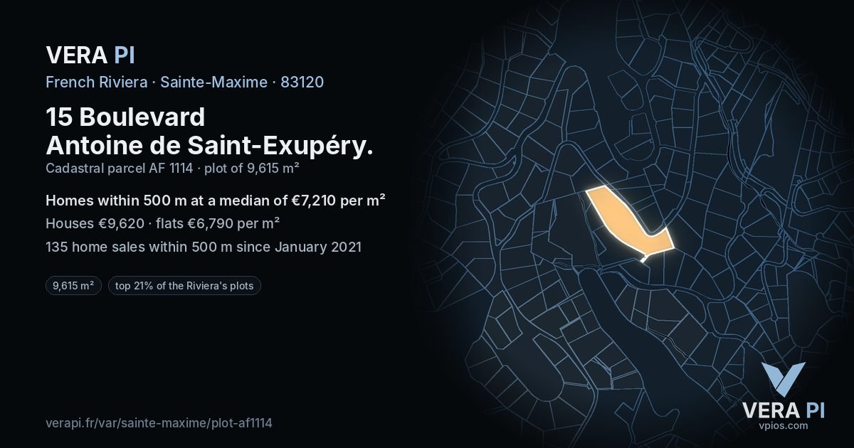 15 Boulevard Antoine de Saint-Exupéry, Sainte-Maxime at night – the plot lit, the parcels around coloured by the prices near them