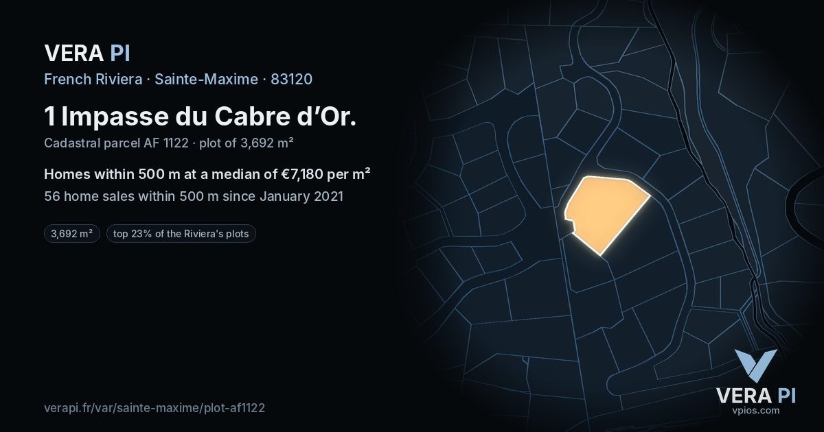 1 Impasse du Cabre d’Or, Sainte-Maxime at night – the plot lit, the parcels around coloured by the prices near them
