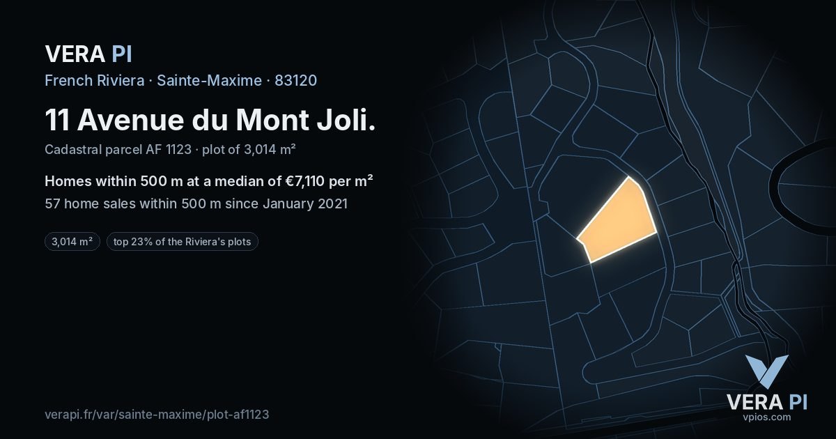 11 Avenue du Mont Joli, Sainte-Maxime at night – the plot lit, the parcels around coloured by the prices near them