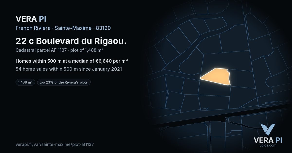 22 c Boulevard du Rigaou, Sainte-Maxime at night – the plot lit, the parcels around coloured by the prices near them