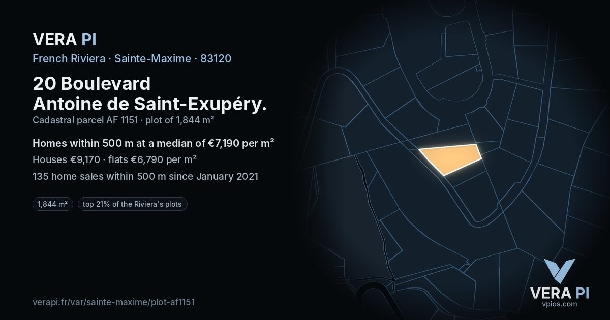 20 Boulevard Antoine de Saint-Exupéry, Sainte-Maxime at night – the plot lit, the parcels around coloured by the prices near them